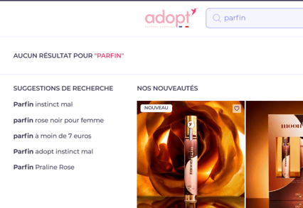 Panneau de recherche d'Adopt pour la requête « parfin » : message « Aucun résultat » et suggestions qui reprennent la faute de frappe