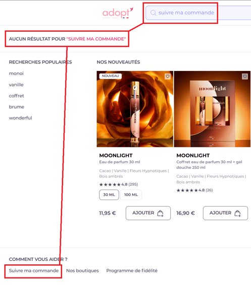 Recherche « suivre ma commande » sur Adopt : le message « Aucun résultat » s'affiche en haut du panneau, alors que le lien « Suivre ma commande » apparaît tout en bas