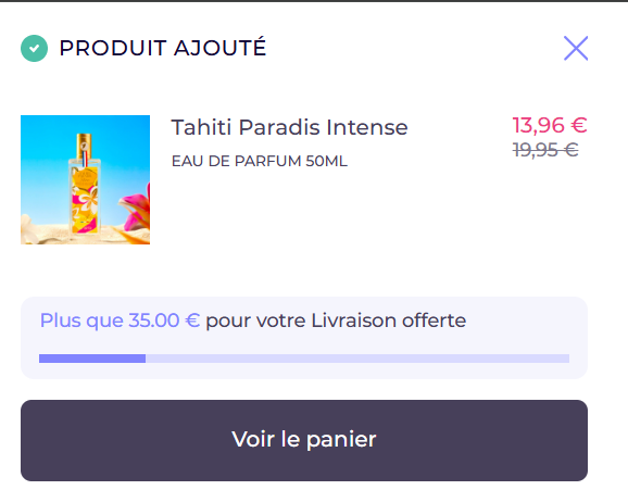 Panneau « Produit ajouté » d'Adopt : le produit supprimé reste affiché alors que le compteur indique « Plus que 35.00 € pour votre Livraison offerte »