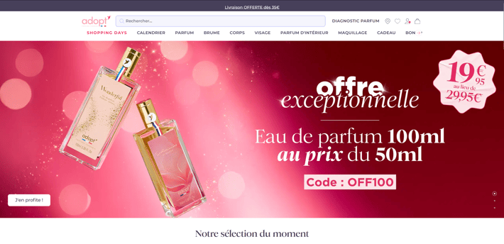 Page d'accueil d'adopt.com sur ordinateur : bandeau « Livraison offerte dès 35 € », barre de recherche, menu et bannière « Offre exceptionnelle » sur l'eau de parfum 100 ml