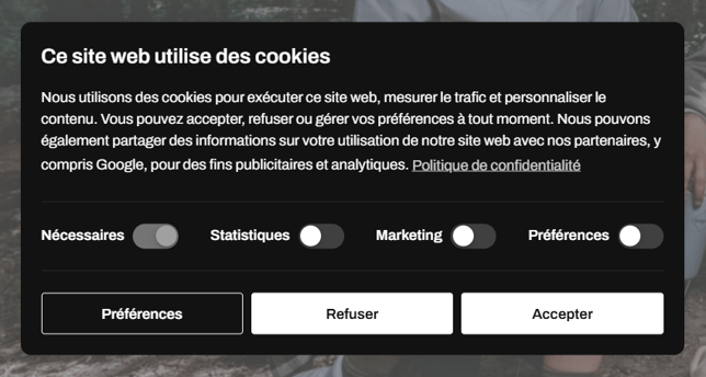 Bannière des cookies du nouveau site Palladium