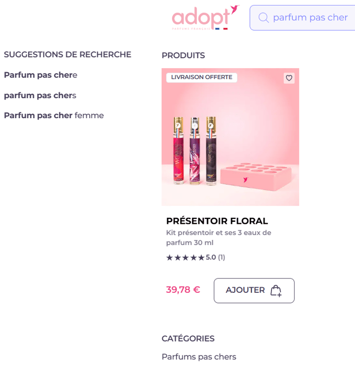 Recherche « parfum pas cher » sur Adopt : un seul produit mis en avant, le Présentoir Floral à 39,78 €, et la catégorie « Parfums pas chers » en bas du panneau