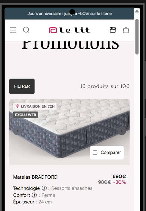 Filtres Dimensions et Couchage de Lelit après un clic sur « Autres options disponibles », avec de nouvelles valeurs