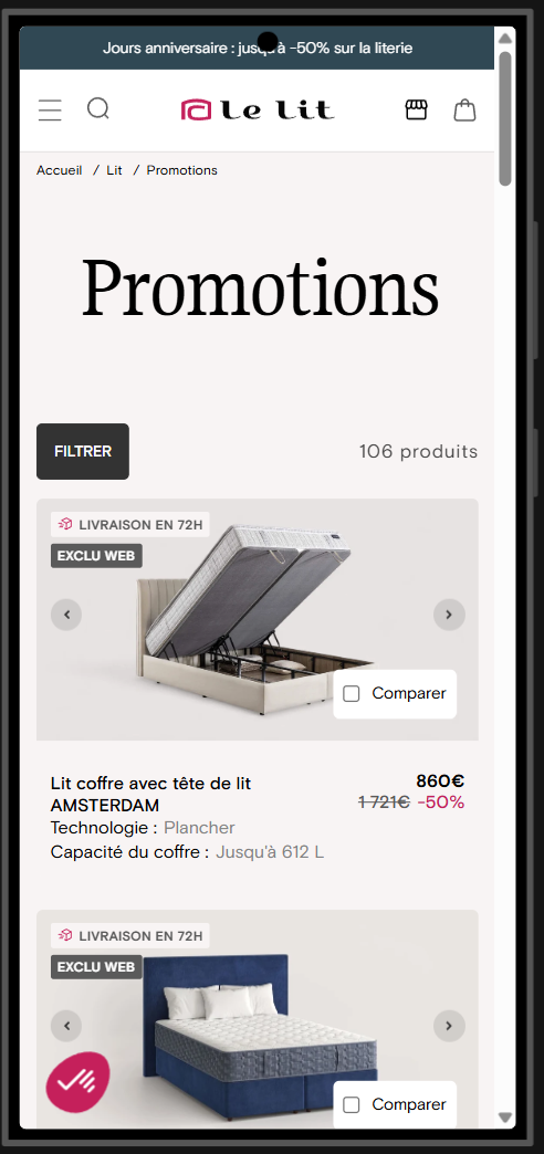 Page catégorie Promotions de Lelit sur mobile, sans mention des Jours anniversaire ni de la remise de 50 %