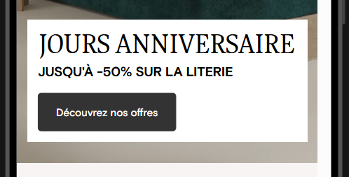 Bannière « Jours anniversaire, jusqu'à -50 % sur la literie » sur la page d'accueil mobile de Lelit