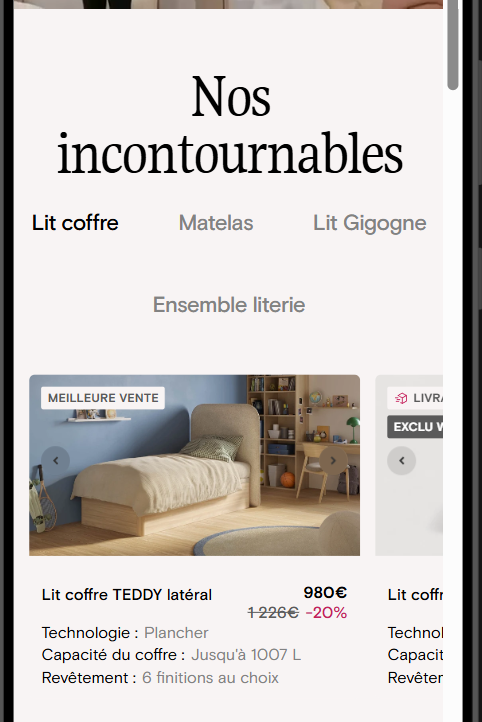 Produit en liste sur mobile avec les flèches gauche et droite du carrousel d'images, sans effet au toucher