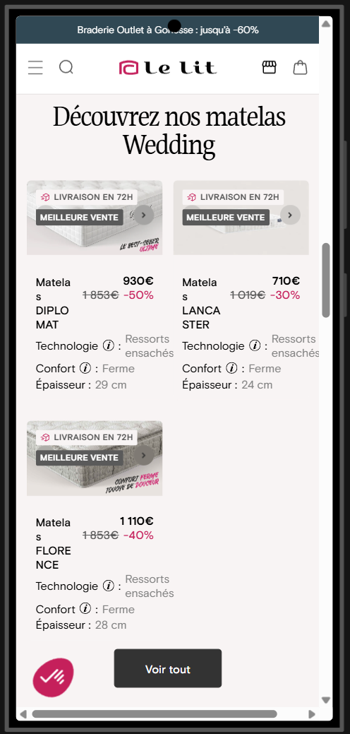 Page marque de Lelit sur mobile avec deux produits par ligne, dont les photos sont masquées par des étiquettes et une flèche