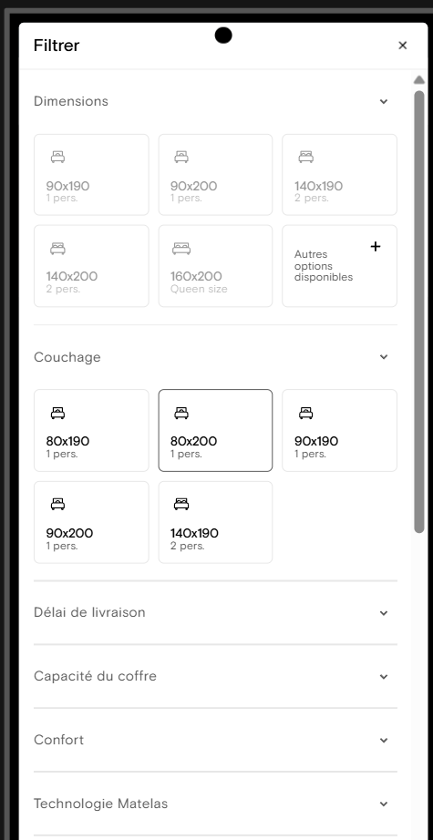 Panneau de filtres mobile de Lelit avec la valeur 80x200 sélectionnée et onze filtres encore proposés