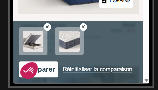 Barre de comparaison de produits de Lelit en partie masquée par le bouton flottant Axeptio