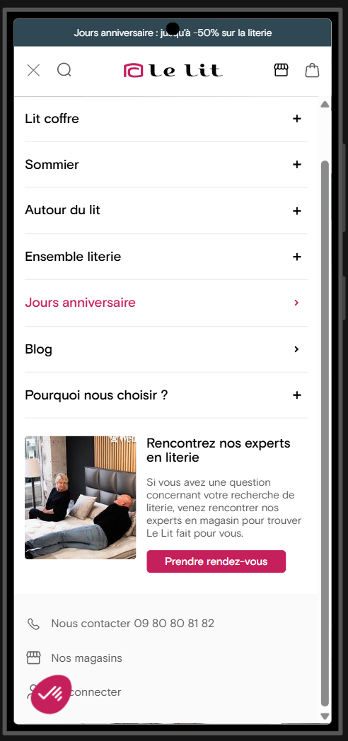 Menu mobile de Lelit avec le bouton flottant Axeptio qui recouvre le lien « Se connecter »